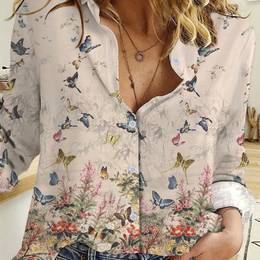 Smooth Texture] Women's Casual Floral Print Button-up Shirt - Lightweight Polyester , Long Sleeve, Loose Fit, Design, Spring & Fall, Relaxed