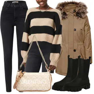 Outfit Inspo 90er mit Schwarz/Dunkelblau Lederjacke/High Waist Jeans/Jeans mit Schlitz/Push up Jeans/Slim Fit Jeans/Leder Schuhe/Thermojeans/Winterjacke levi's ® "Crazy Outfit Inspo"Look: Uni, Lack, 90er, Coole, Old Money, Schlichte