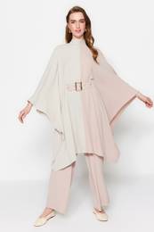 Beige Color Block Waist Belted Tunic-Pants Woven Suit