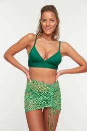 Green Geometric Patterned Mini Knitted Pleated Mesh Beach Pareo