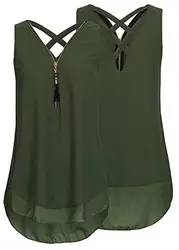 Damen T-Shirt Sommer Chiffon Bluse mit Reißverschluss Vorne V-Ausschnitt Tops (Grün, M)