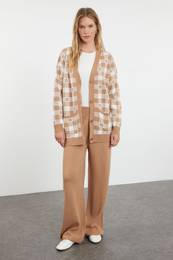 Camel Plaid Floral Patterned Knitwear Top-Top Set