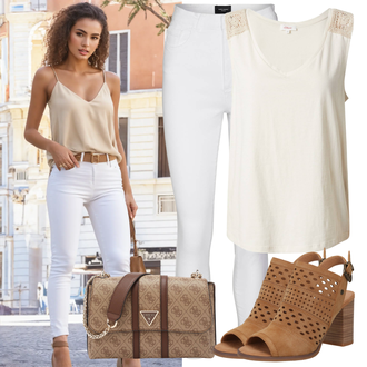 Colored Outfit mit Grau/Creme/Weiß Lederjacke/Damen 7/8-Länge Jeans/Knöchelstiefel/Caprijeans/Cropped Jeans/High Waist Jeans/Jeans mit Schlitz/Push up Jeans/Leder Schuhe/Thermojeans VERO MODA "Sommer Look für modische Frauen"