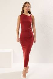 Claret Red Plain Gather / Drape Midi Fitted Gather Drape Detail Stretchy Knit Dress