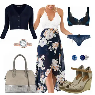 Edel Outfit mit Rosa/Dunkelblau Kleid mit Schlitz/2-in-1 Kleid/Lässiges Kleid/MaxiKleid/StrandKleid/Langes SommerKleid/Geblümte Kleid Blooming Jelly "Tommy"Look: Edel, Casual, Boho, Elegant, Ausgefallene, Smart Casual, Festlich