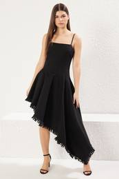 Black Tassel Hem Flounce Asymmetrical Strappy Midi Denim Dress