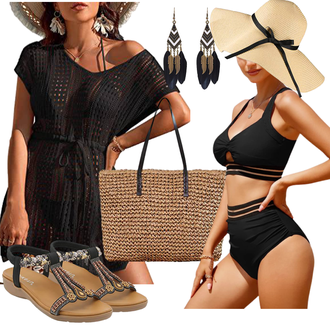Outfit mit Schwarz/Lila/Braun Beachwear/Strandtop/Strandtuniken/Strand-Tunika Rayson "Strand Outfit"