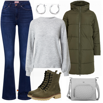 Winter Outfit mit Blau/Dunkelblau/Hellblau T-Shirt/Low Rise Jean/Leder Schuhe/Lederjacke/Slim Fit Jeans/Thermojeans/Jeans mit Schlitz/Low Waist Jean/Push up Jeans/Straight Leg Jean/Winterjacke Only "Bequemer Alltagslook"