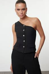 Black Stone Button Detailed Single Shoulder Lined Woven Vest