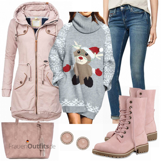 Outfit mit Grau Winterpullover/Plüsch Pullover/Weihnachtspullover Viottiset "Viottiset Damen"