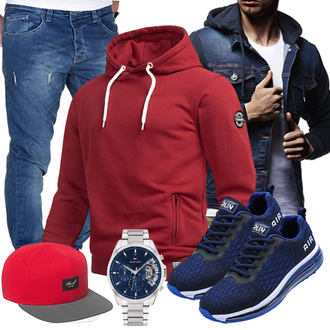 Lang Outfit mit Rot/Dunkelrot Kapuzenpullover/Strick Hoodie/Unisex Hoodie/Sport Sweatshirt/Hoodie/Ausgefallener Hoodie/Sport Hoodie Alessandro Salvarini "Cooles Outfit"