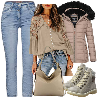 Outfit mit Hellblau/Blau Push up Jeans/Knöchelstiefel/Jeans mit Schlitz/Damen 7/8-Länge Jeans/Low Rise Jean/Winterjacke/Cropped Jeans/Schlupfjeans/Caprijeans/Biker Jeans CECIL "Herbstlicher Look"