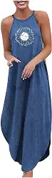 Generic Lockere Jeanskleider Für Damen Uk Einfacher Stil Partykleider Damen Plus Size Denim Ärmellos Neckholder Print Weste Langes Kleid Baggy Maxi Kleider Für Hochzeitsgäste Sommer Etuikleid