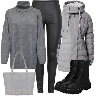 Plateau Mit Absatz Outfit mit Schwarz Stiefel Biker Boot/SchnürStiefel/SpringerStiefel Mustang "Outfit für den Winter"