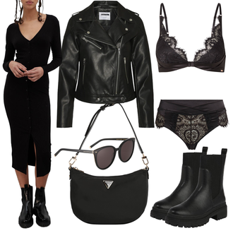 Outfit mit Schwarz Mantel/Bikerjacke/Kurzjacke/KunstLederjacke/Lederjacke/Motorradjacke/Vintage Lederjacke Noisy may "Ropa para el Otoño"
