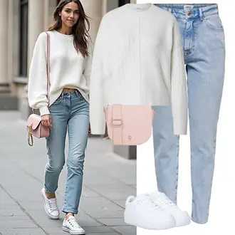 Outfit mit Creme/Weiß 2-in-1 Pullover/Basic Pullover/Zopfmuster Pullover/Carmenpullover/Grobstrickpullover/Crop Pullover/Kaschmir Pullover/Strickpullover/Nicki Pullover/Einfacher Pullover/Winterpullover/Wollpullover/Kaschmir-Strickjacke/Strickjacke Gefüttert/Rundhals-Strickjacke/Kurze Strickjacke/Stehkragen-Strickjacke/Vintage Strickjacke/Winter Strickjacke/Wolle Strickjacke About You "Winteroutfit"