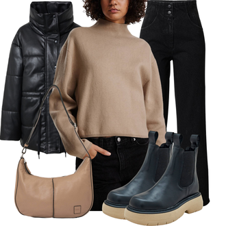 Oversize Kurz Outfit mit Schwarz/Blau/Beige/Hellblau Lederjacke/Chelsea Boot/Gummistiefelette Edited "TrendigerWinterlook"Look: Uni, Bad Taste, Coole, Cowgirl, Moderne, Outdoor, Oversize, Punk, Smart Casual, Unisex