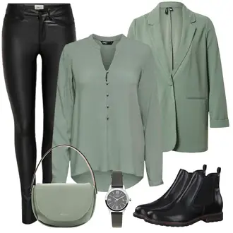 Outfit mit Schwarz/Dunkelblau/Blau Stiefel Chelsea Boot/Flache Stiefelette/Lederjacke Tamaris "Stylischer Bürolook"