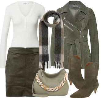 Outfit s Tmavě zelená/Khaki/Šedá Krátká Sukně/Sukně z umělé kůže/Kožená Sukně/Kožená Minisukně/Zimní Sukně Only "Zimní outfity"