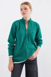 15863 Zippered Knitwear Cardigan - Emerald