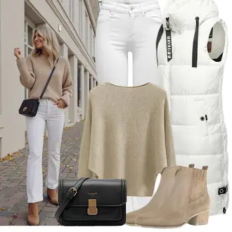 Boho Outfit mit Weiß/Creme/Grau Low Waist Jean/Low Rise Jean/Jeans mit Schlitz/T-Shirt/Schlaghose Jeans Only "Modisches Frühlingsoutfit"Look: Nahtlos, Classic, Schick, Premium, Schlichte, Ausgefallene, Boho, Schön, 70er, Glamourös