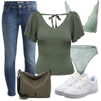 Outfit mit Dunkelgrün T-Shirt & Top/Rückenfreier Pullover/Cut Out Pullover/Schulterfreier Pullover/Basic Top/Blusenoberteil/Casual Top/Strick Top/Partytop/Hemdoberteil/Kurzes Oberteil Only "Modischer Sommer Look"