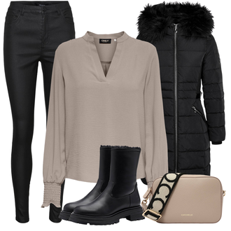 Outfit mit Schwarz Langer Wintermantel/Mantel mit Reißverschluss/Steppmantel/Langer Daunenmantel/Mantel mit Fellkragen/Wintermantel/Daunenmantel/Parka große Größe morgan "Modisches Winter Outfit"