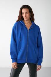Alena Women's Basic Kangaroo Pocket Oversize Organic Cotton Zippered Hooded Saks Blue Sweatshirt