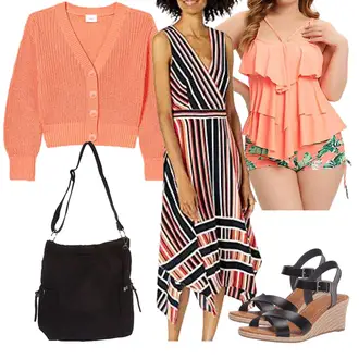 Stripes Outfit mit Braun/Rosa/Gelb/Rot/Orange Kleid mit Gürtel/Ärmelloses Kleid/Bedrucktes Kleid/Vokuhila Kleid/Midikleid/Nicki Kleid/Plissee Kleid/Strandkleid/Sommerkleid/Asymmetrisches Kleid karl lagerfeld "Florales Alltagsoutfit"