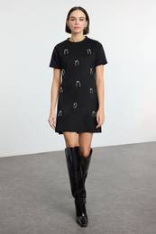 Black*001 Plain Pearl/Troc/Stone/Bird's Eye Mini Crew Neck Stone Detailed Suede Knit Dress