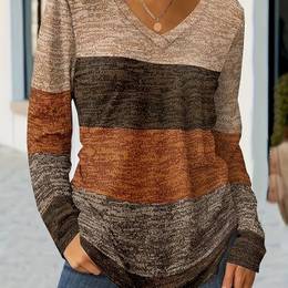 Plus Size Women's V-neck Retro Striped Print Long Sleeve T-shirt - Casual & , Machine Washable, Polyester , Plus Size Blouses