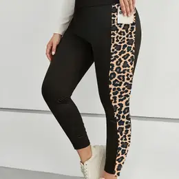 Plus Size Leopard Print High-waist Stretchy Yoga & Running Leggings With Phone Pocket - , Machine Washable