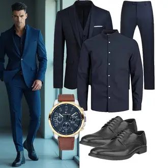Outfit mit Dunkelblau Blusenoberteil/Langarm-Shirt/T-Shirt mit 3/4-Ärmel/Hemdoberteil/Bügelfreies Hemd/Casual Hemd/Hemdbluse/Businesshemd/Business Hemd Jack & Jones "Business Outfit"
