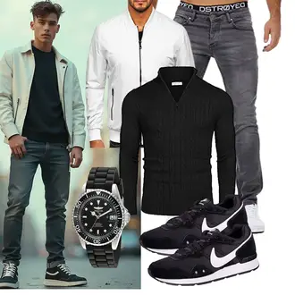 Stehkragen Outfit mit Grau/Weiß/Creme Reflektierende Jacke/Windbreaker Jacke/Nylonjacke/Laufjacke/Segeljacke/Frühlingsjacke/Sportjacke/Leichte Jacke/Jacke mit Seitlichem Reißverschluss/Sommerjacke BOLF, Schwarz COOFANDY "Freizeit Outfit"