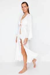 Ecru Maxi Woven Gathered Kimono&Kaftan