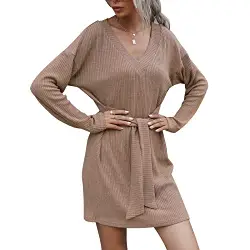 Greensen Damen Pulloverkleid V-Ausschnitt Herbstkleid Strickpullover Kleid Lose Langarm Kleid Reine Farbe Krawatte Taille Kurzes Knielanges Freizeitkleid(M-Khaki)