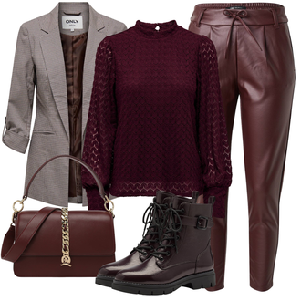 Outfit mit Rot/DunkelRot/Bordeaux/Rosa/Braun Hose Große Größe/Lederimitathose/Lederlegging/Leggings Lederoptik/Lederhose Only "Elegantes Herbst Outfit"