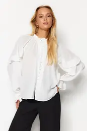Ecru Sleeves Flounced Stand Collar Oversize/Wide Fit Woven Shirt