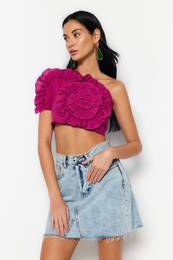 Fuchsiov Crop Tkan Volnov Blza na Jedno Rameno ze 100% Bavlny