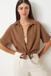 Happiness stanbul Women's Brown Tie Detailed Linen Blouse
