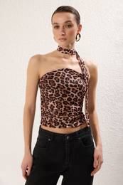 Brown Animal Leopard Patterned Pleated Fitted/Fits the Body Shawl Detailed Knitted Blouse