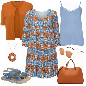Outfit mit Gelb/Blau Bedrucktes Kleid/Gesmoktes Kleid/Hippie Kleid/Tunika Kleid Rich & Royal "Mediterraner Alltagslook"