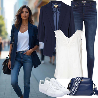 Outfit sa Plava/Tamnoplava Kožna Jakna/Kožne jakne/Traperice s Rupom/Traperice s Prorezom/Push-up Traperice/Čizma do Gležnja levi's ® "Lijepa proljetna odjeća"