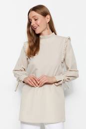 Stone Shoulder and Cuff Frilly Woven Cotton Tunic