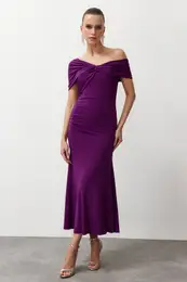 Purple Asymmetrical Collar Knitted Stylish Evening Dress