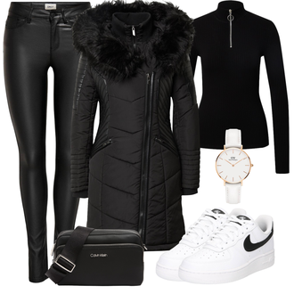 Umělá kožešina Outfit s Černá Zimní Kabát/Kabát s Kožešinovým límcem/Péřový Kabát/Dlouhý Péřový Kabát/Prošívaný kabát Only "Cool podzimní outfit"