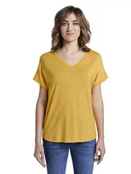TOM TAILOR Damen T-Shirts/Tops Basic T-Shirt mit V-Ausschnitt deep golden Yellow,M,22561,3000