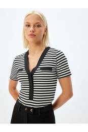 V Neck T-Shirt Buttoned Short Sleeve Color Contrast Slim Fit