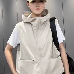 Women's Lightweight Casual Hooded Vest, Polyester Zip-up Sleeveless Jacket With Dual Pockets And Stand Collar For Spring/summer/fall