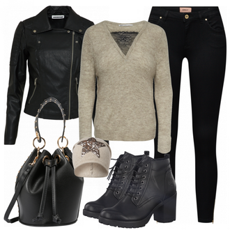 Outfit mit Schwarz/Dunkelgrün Mantel/Bikerjacke/KunstLederjacke/Lederjacke/Motorradjacke Noisy may "Natali"